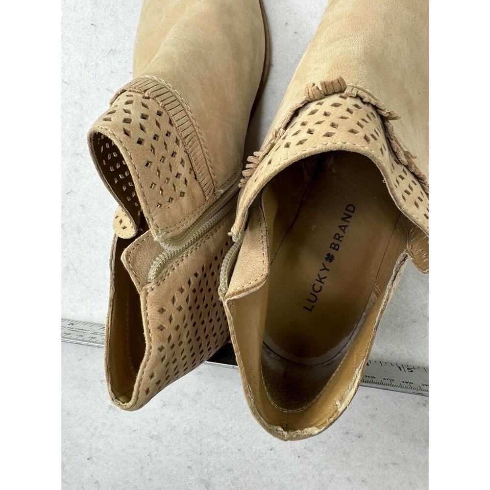 Lucky Brand Tan Side‎ Zipper Slip On Ankle Boots Bootie 9 / 40 Fringe Accent - Picture 3 of 11
